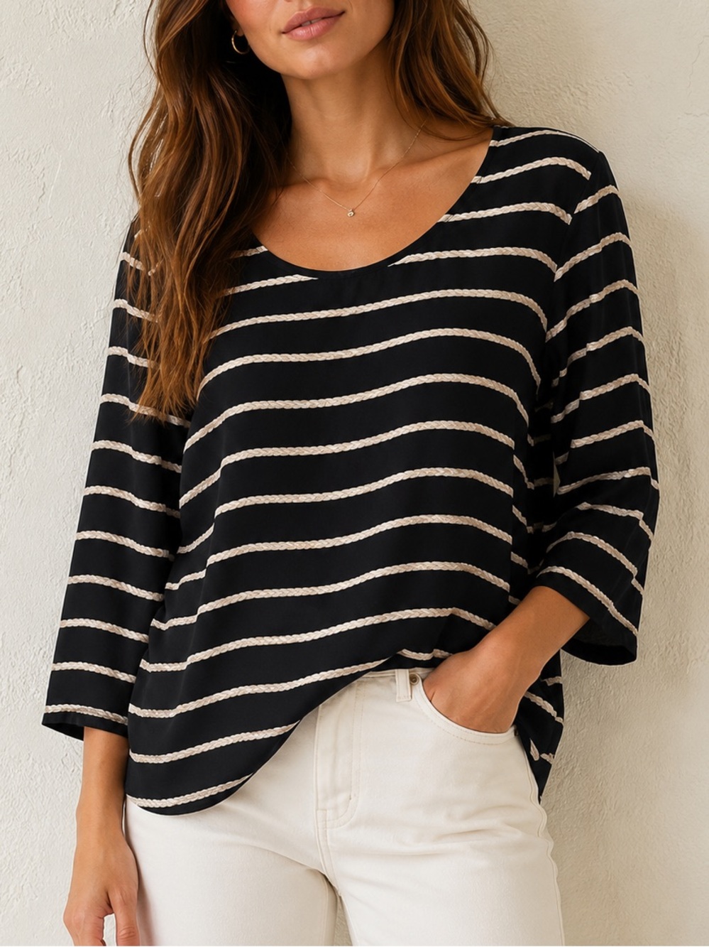 Joie 100% Silk Rope Stripe Blouse Size Large Black Cream Nautical Top
